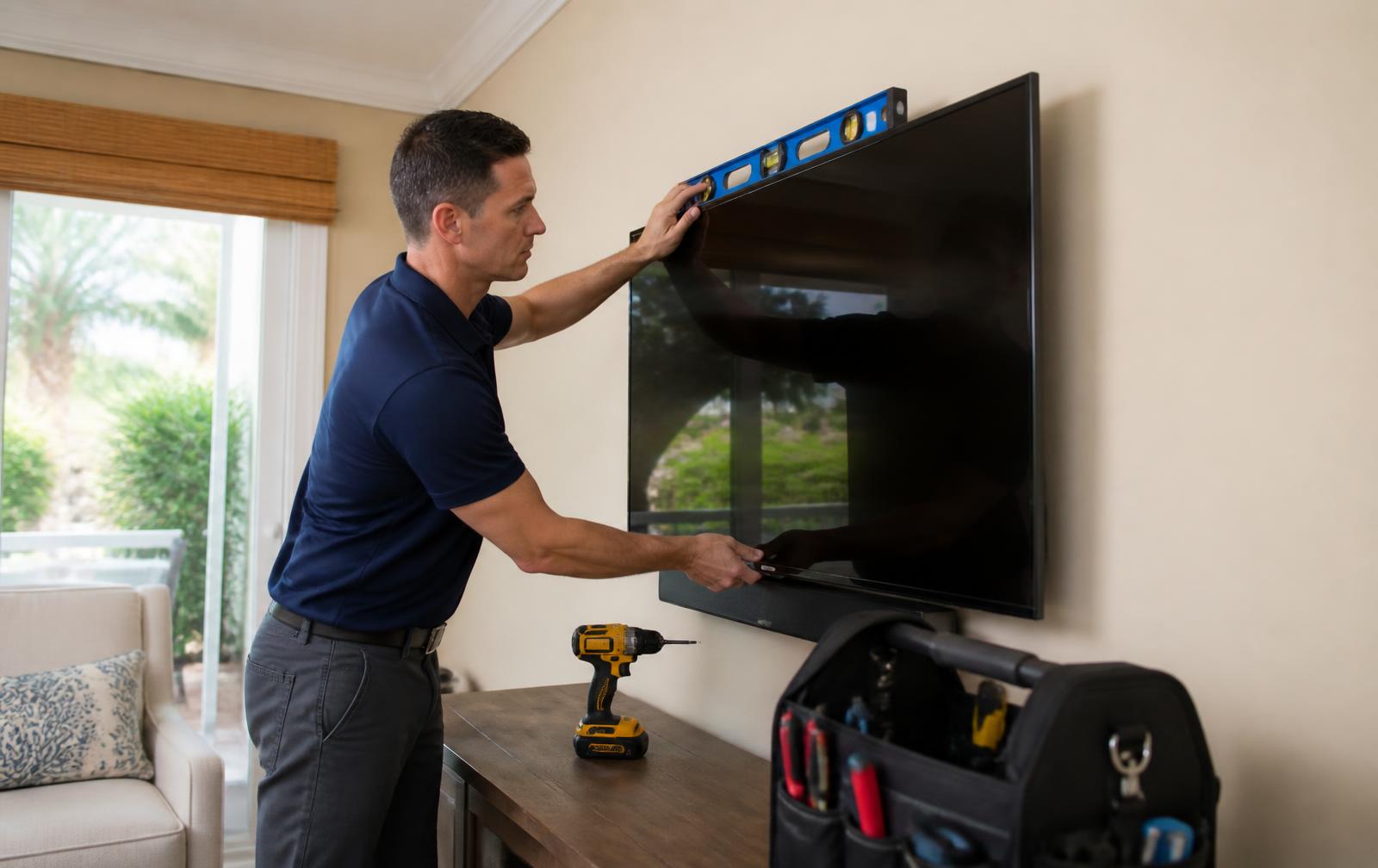 Technician in a navy polo leveling a large flat-screen TV mounted on a living room wall in a Florida home