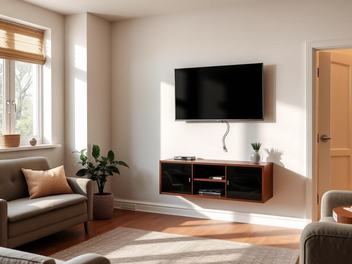 Flat-screen TV mounted flush on a living room wall above a floating console with cables concealed