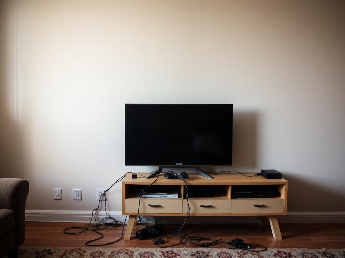 Before: flat-screen TV standing on a wooden console with loose black cables trailing across the floor