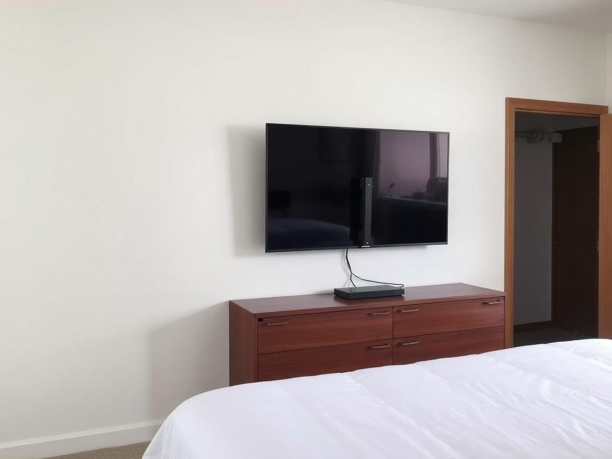 After: TV mounted on a tilting bracket above the dresser with a short, tidy cable drop to a media box