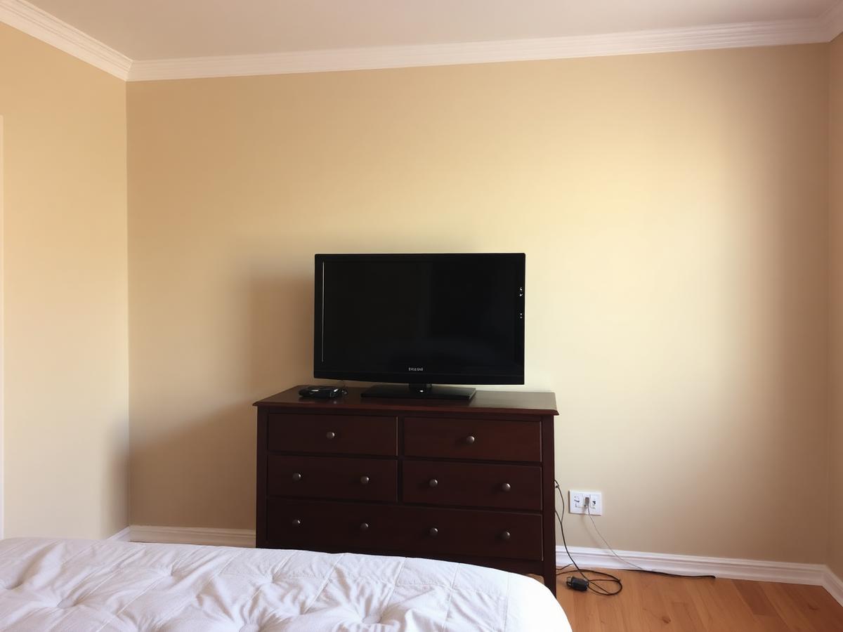 Before: TV resting on a dark wood bedroom dresser with a power cable running down to the wall outlet