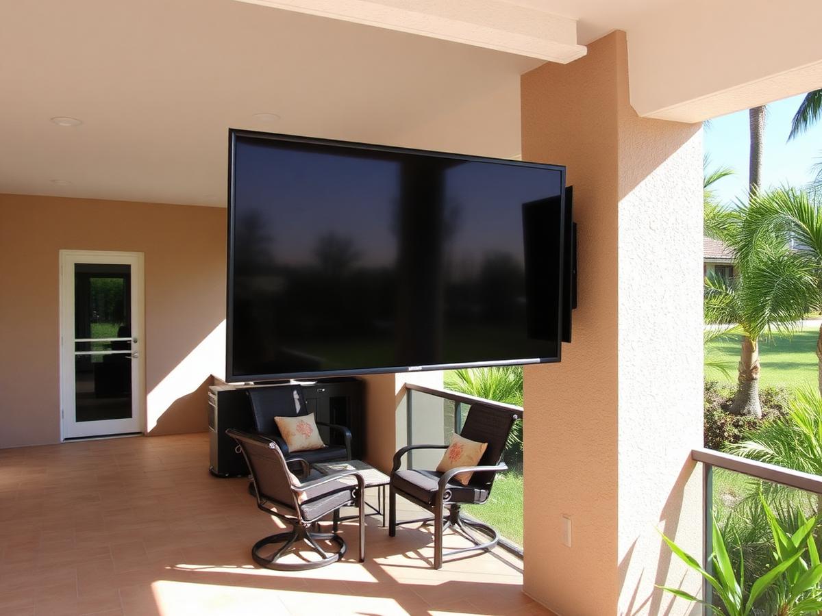 Weather-rated TV mounted on the stucco wall of a covered Florida patio with an articulating arm