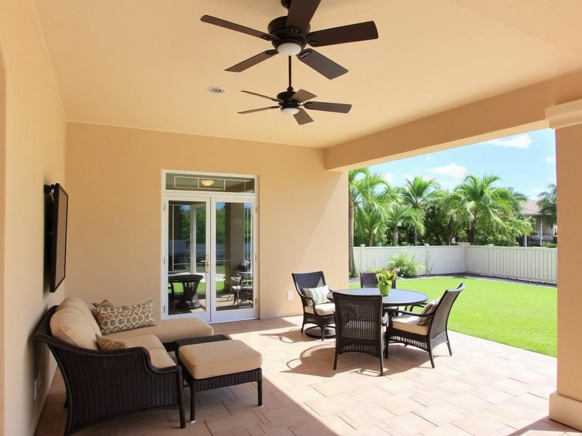 Before: covered Florida patio with wicker furniture, ceiling fans, and a bare stucco wall