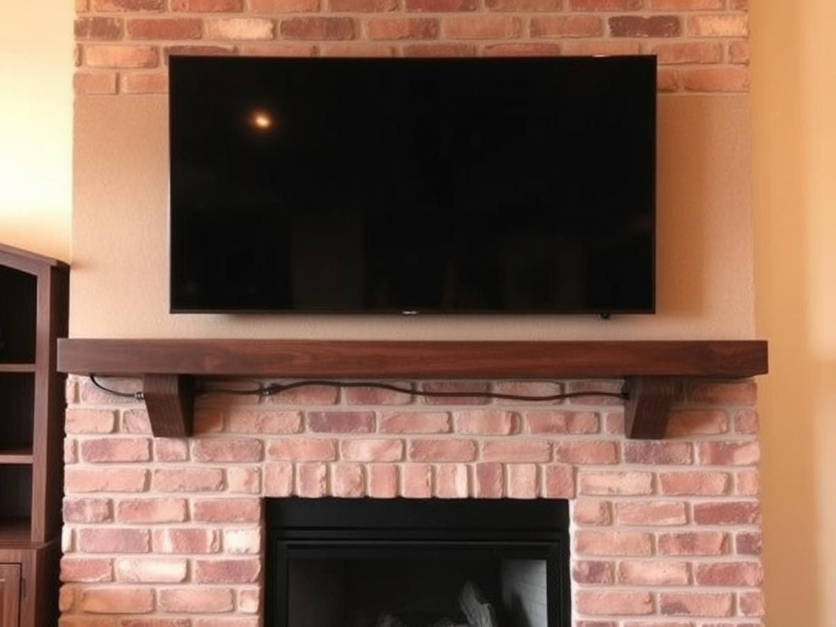 TV mounted above a brick fireplace mantel with wiring routed behind the mantel