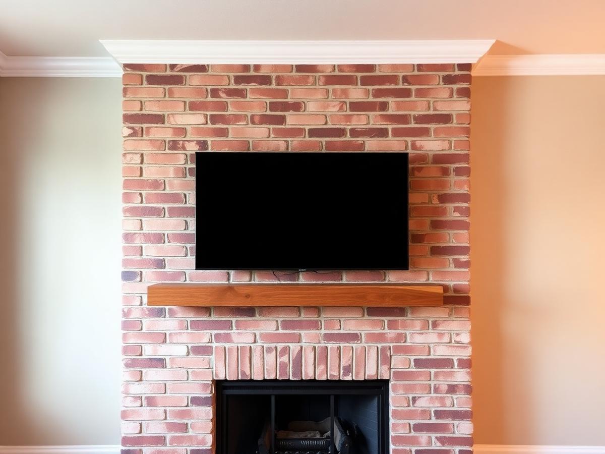 Before: red brick fireplace with a TV sitting low against the brick and a wooden mantel shelf below