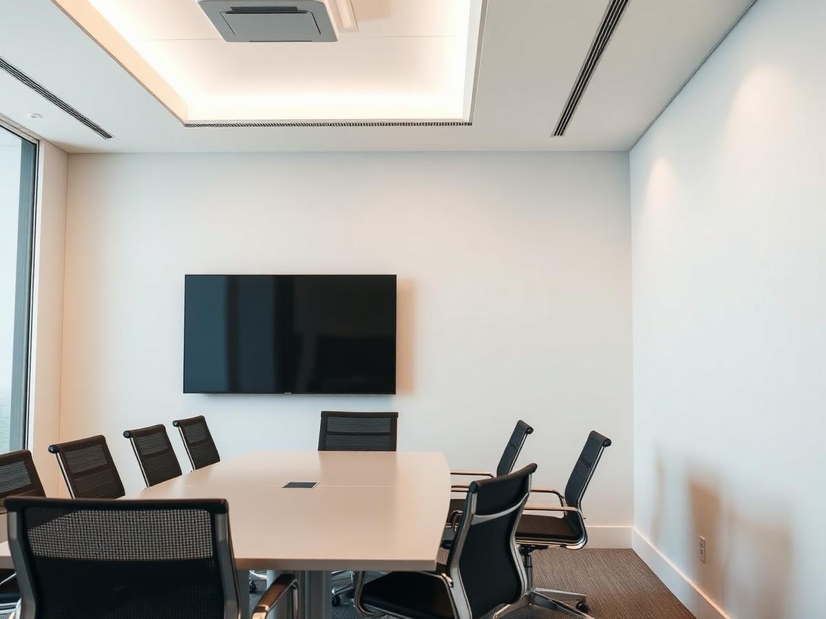 After: the same conference room with the display wall mounted flush at the head of the table