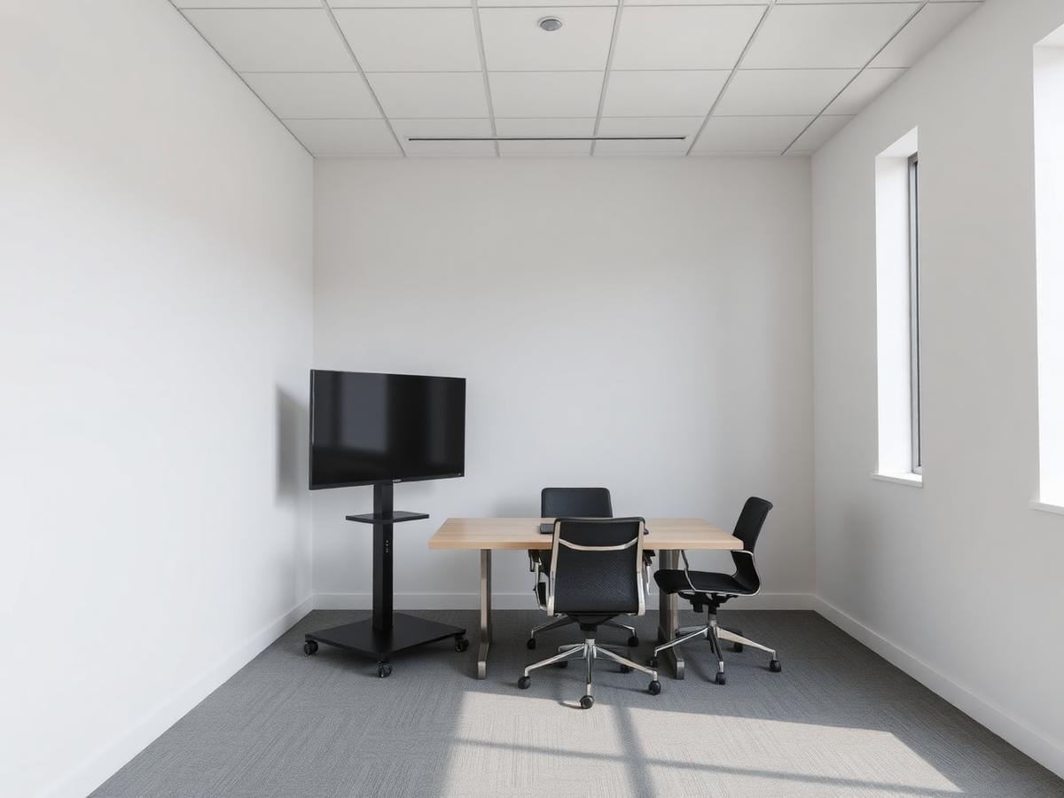 Before: small conference room with a display on a rolling black cart beside a wooden meeting table